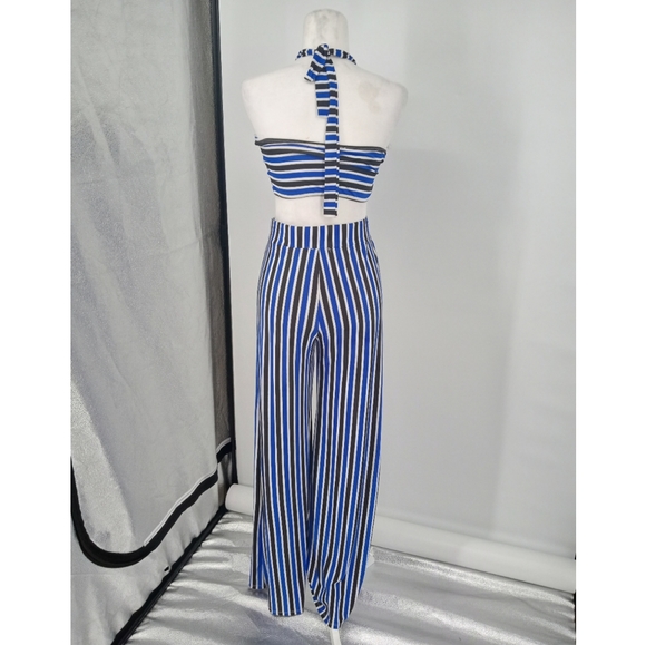 Blue Striped Strapless Bandeau Top and High Waist Wide Leg Pants Two Piece Set - Picture 7 of 8